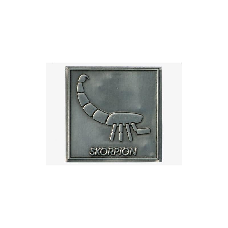 Etichetta metallica 'Scorpione', quadrata, stagno, argento