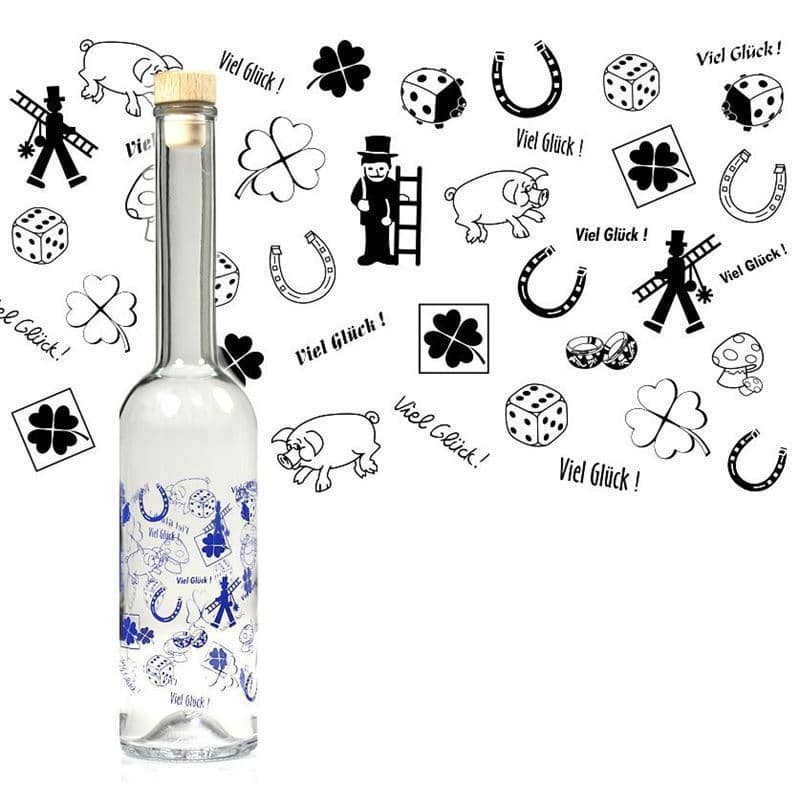 500 ml Bottiglia di vetro 'Opera', motivo: Viel Glück (Buona fortuna), imboccatura: fascetta