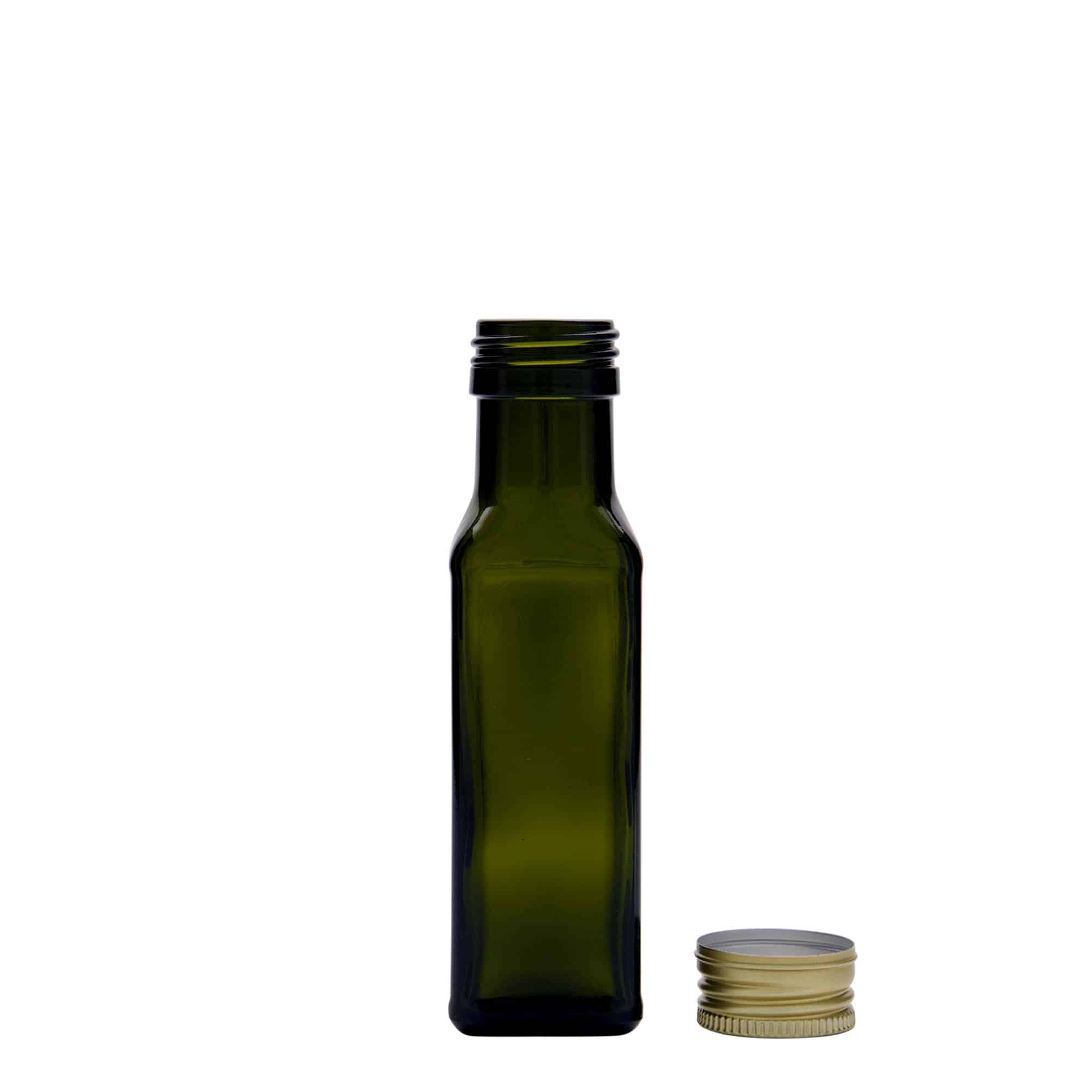 100 ml Bottiglia 'Marasca', vetro, quadrata, verde antico, imboccatura: PP 31,5