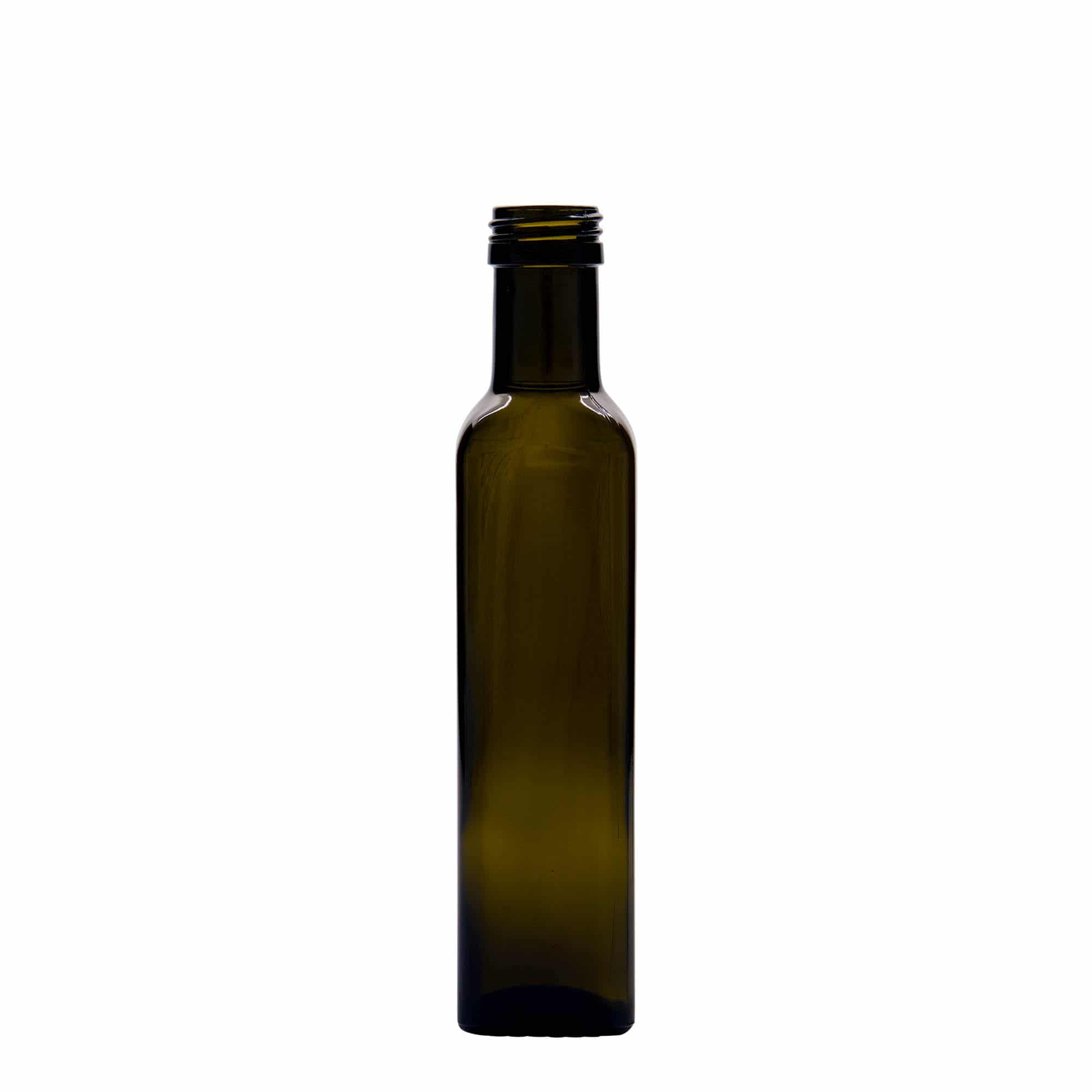 250 ml Bottiglia 'Marasca', vetro, quadrata, verde antico, imboccatura: PP 31,5