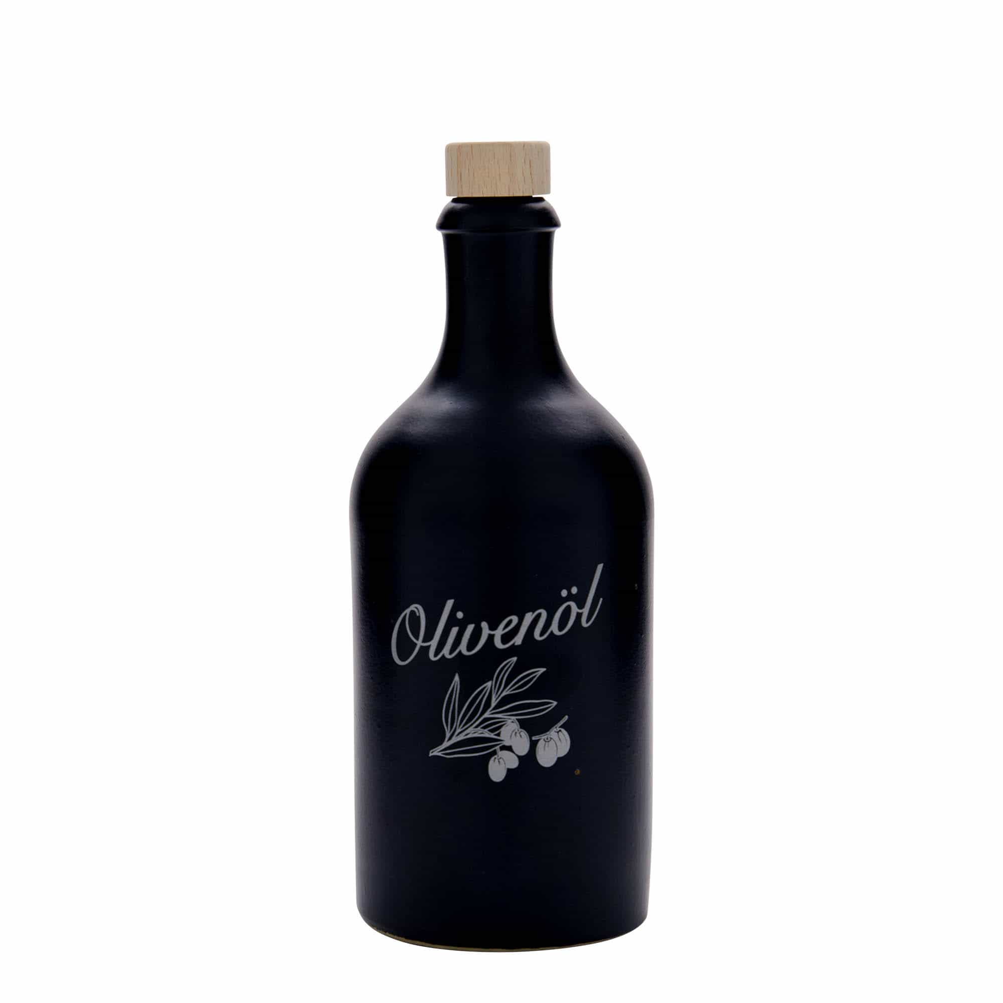 500 ml Bottiglia in ceramica, motivo: Olivenöl, ceramica grès, nero, imboccatura: fascetta