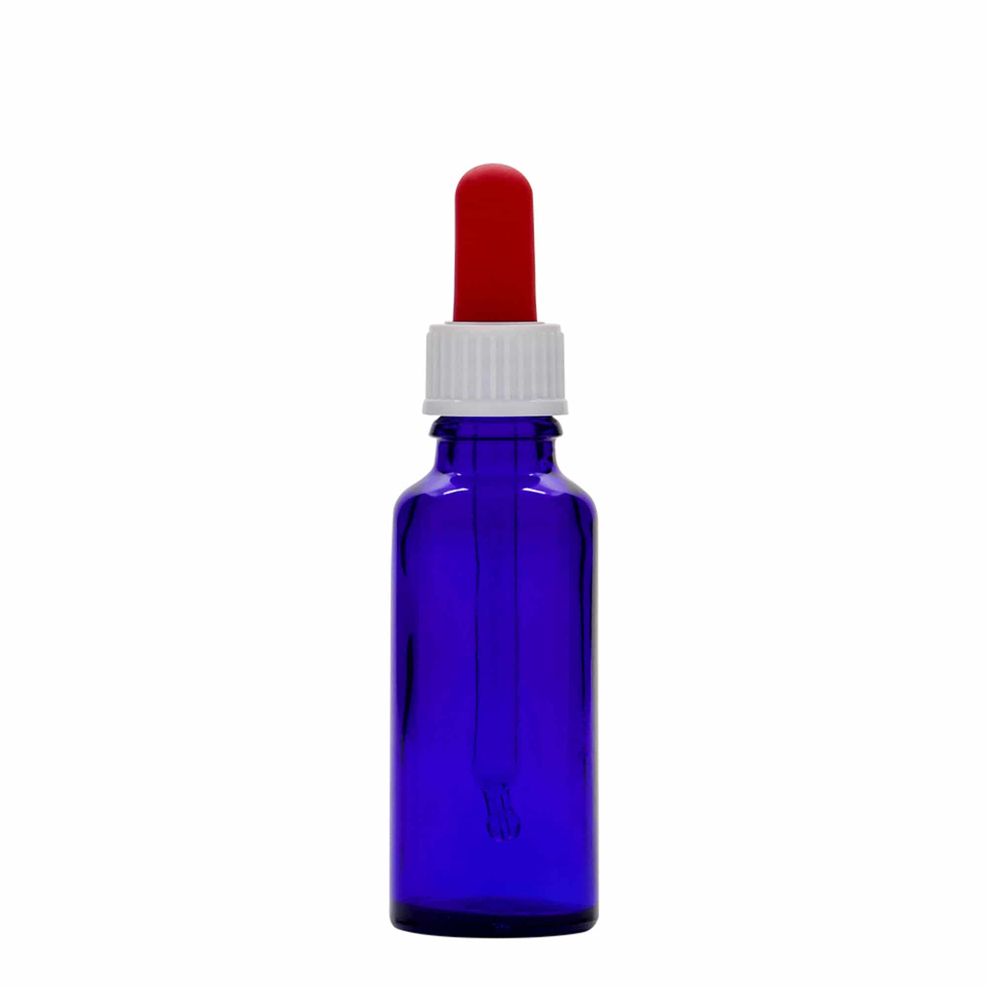 30 ml Boccetta con contagocce , vetro, blu reale-rosso, imboccatura: DIN 18