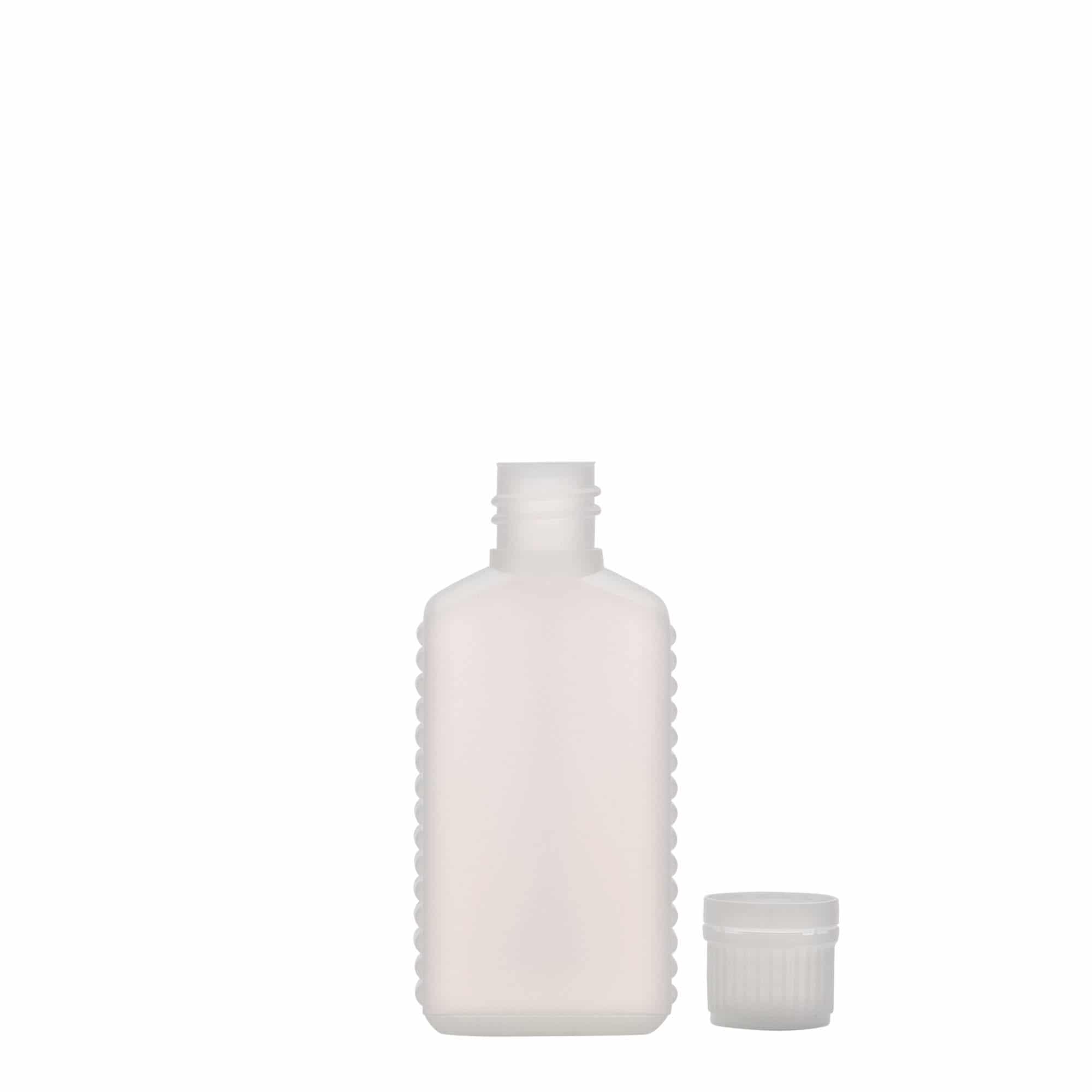 50 ml Bottiglia rettangolare, rettangolare, plastica HDPE, naturale, imboccatura: DIN 18