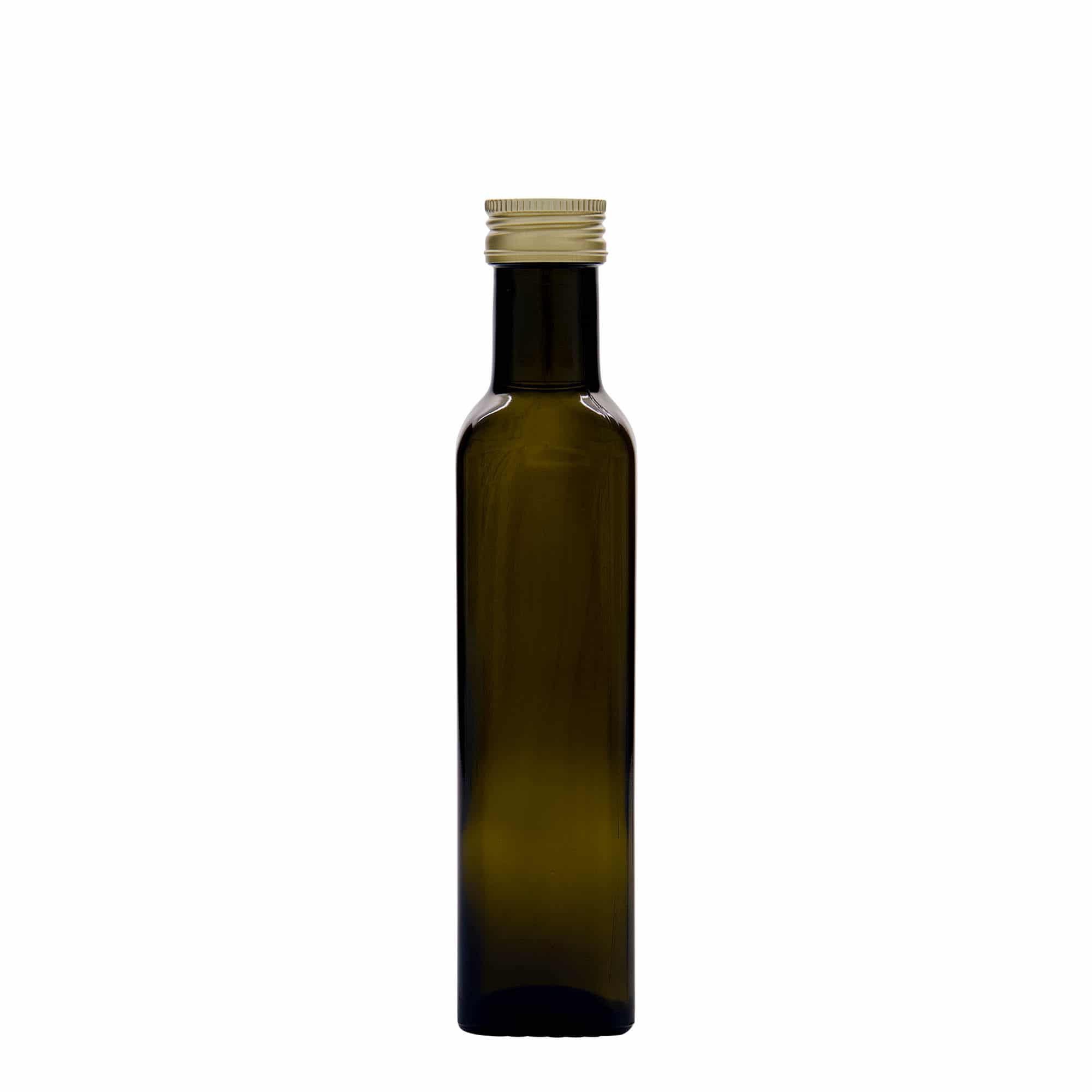 250 ml Bottiglia 'Marasca', vetro, quadrata, verde antico, imboccatura: PP 31,5