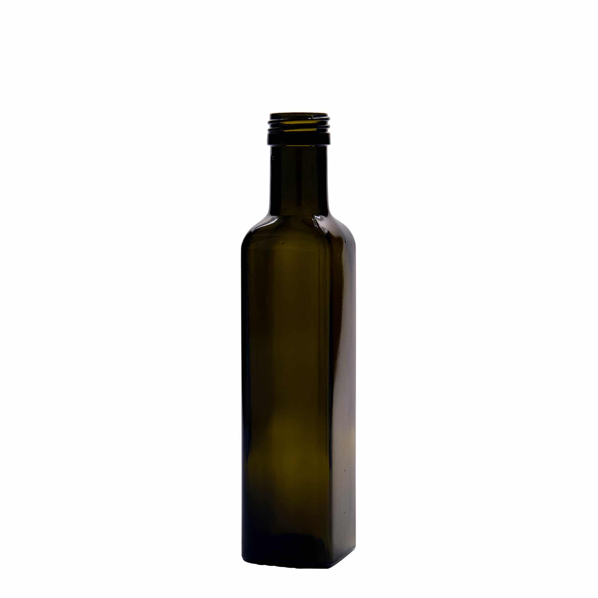 250 ml Bottiglia 'Marasca', vetro, quadrata, verde antico, imboccatura: PP 31,5