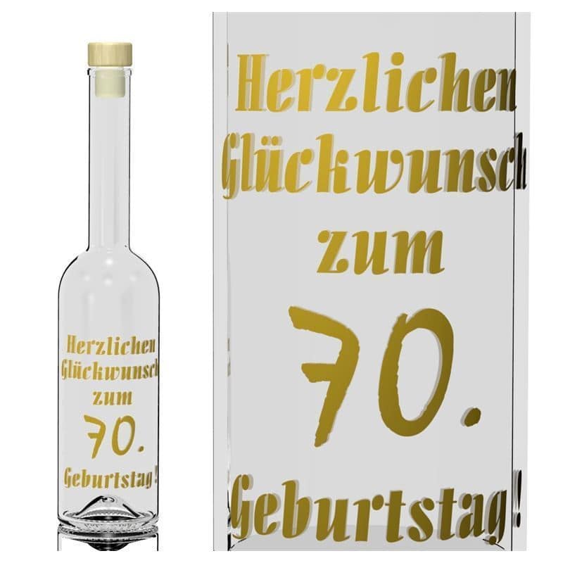 500 ml Bottiglia di vetro 'Opera', motivo: 70 Anni, imboccatura: fascetta