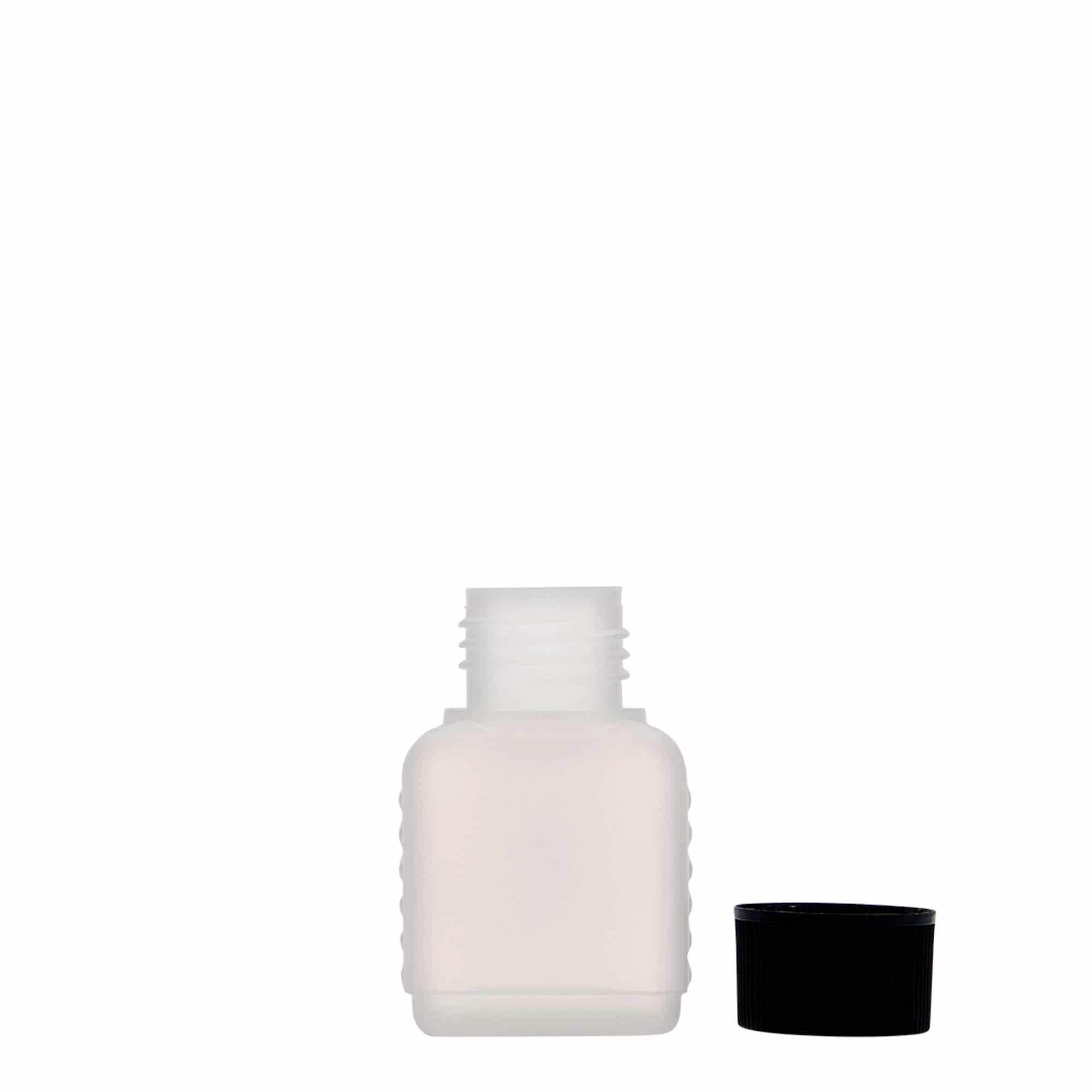 50 ml Bottiglia rettangolare, plastica HDPE, naturale, imboccatura: DIN 25