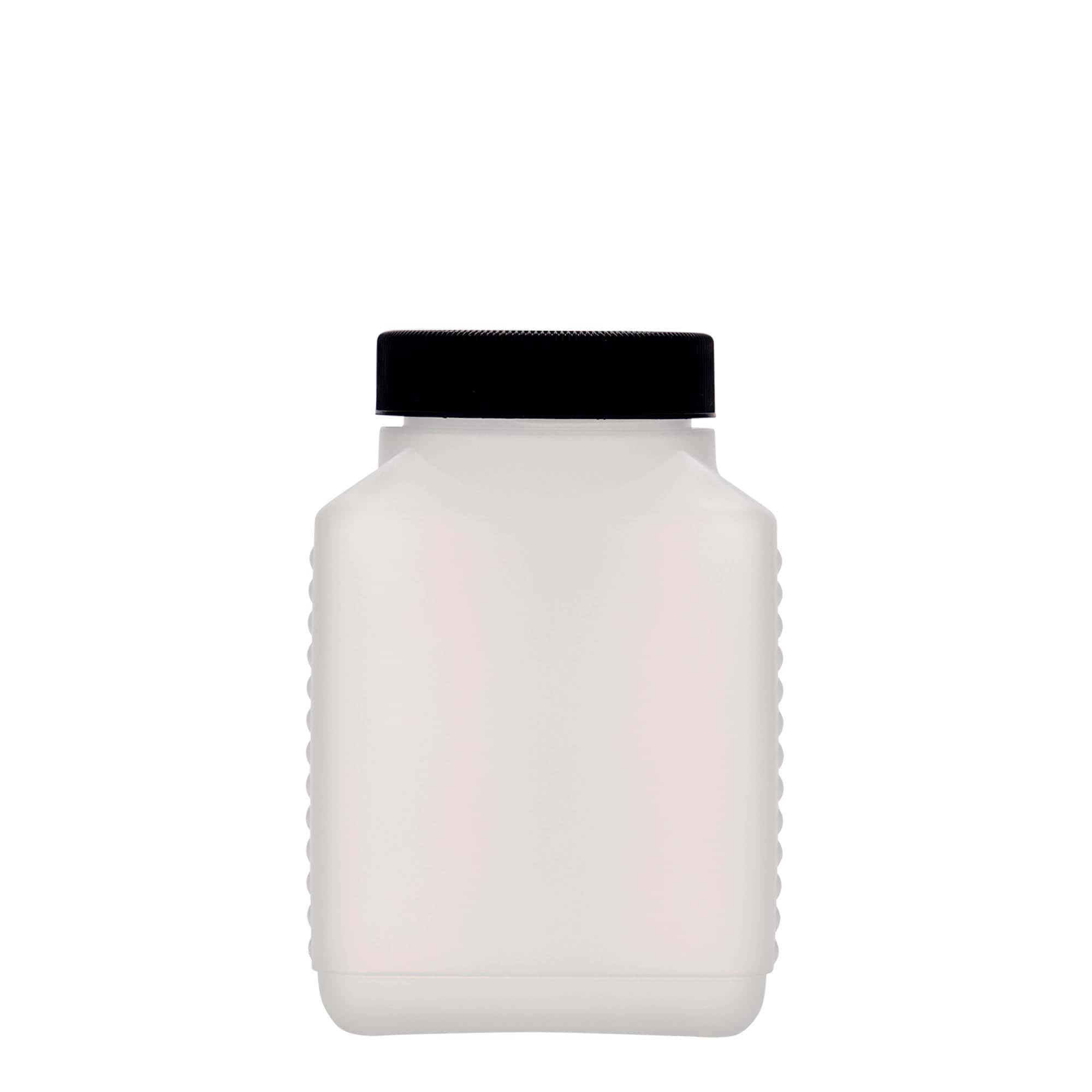 500 ml Bottiglia a bocca larga, rettangolare, plastica HDPE, naturale, imboccatura: DIN 60 EPE