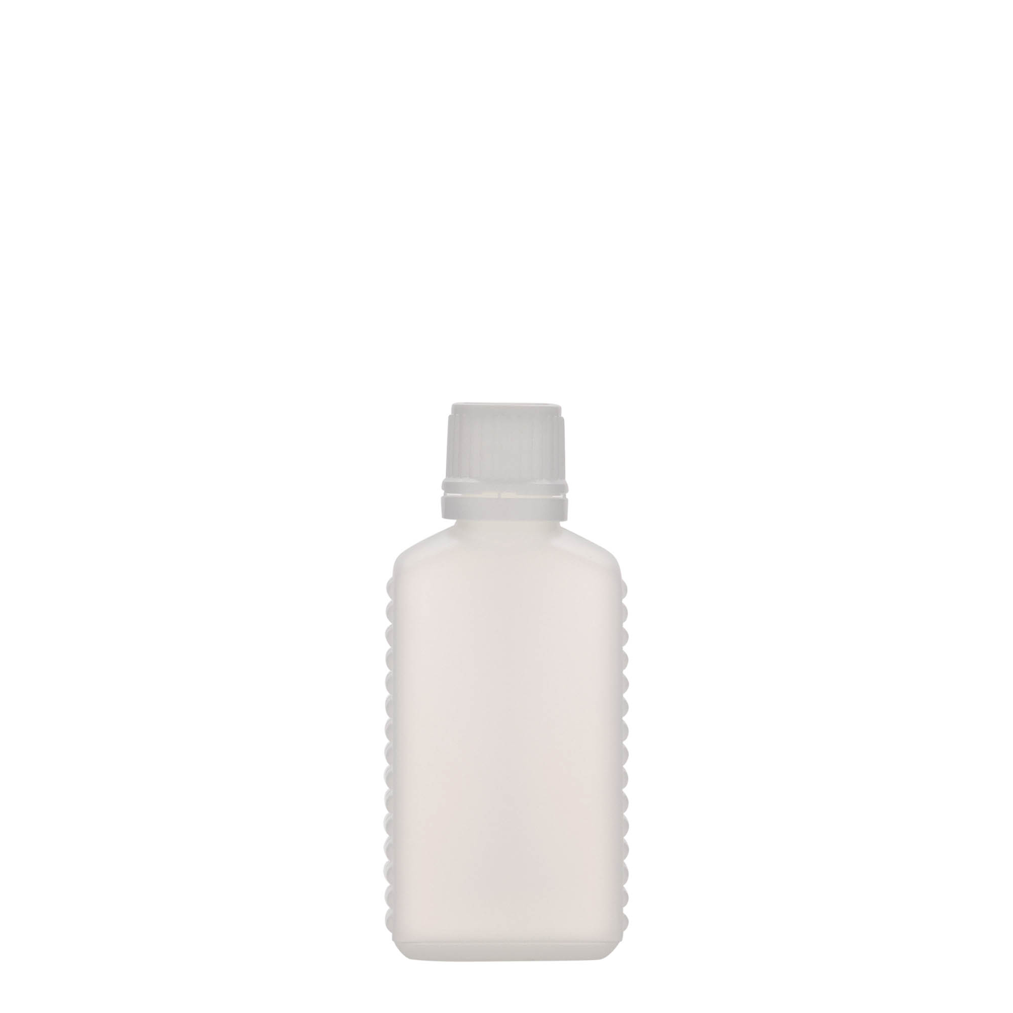 50 ml Bottiglia rettangolare, rettangolare, plastica HDPE, naturale, imboccatura: DIN 18