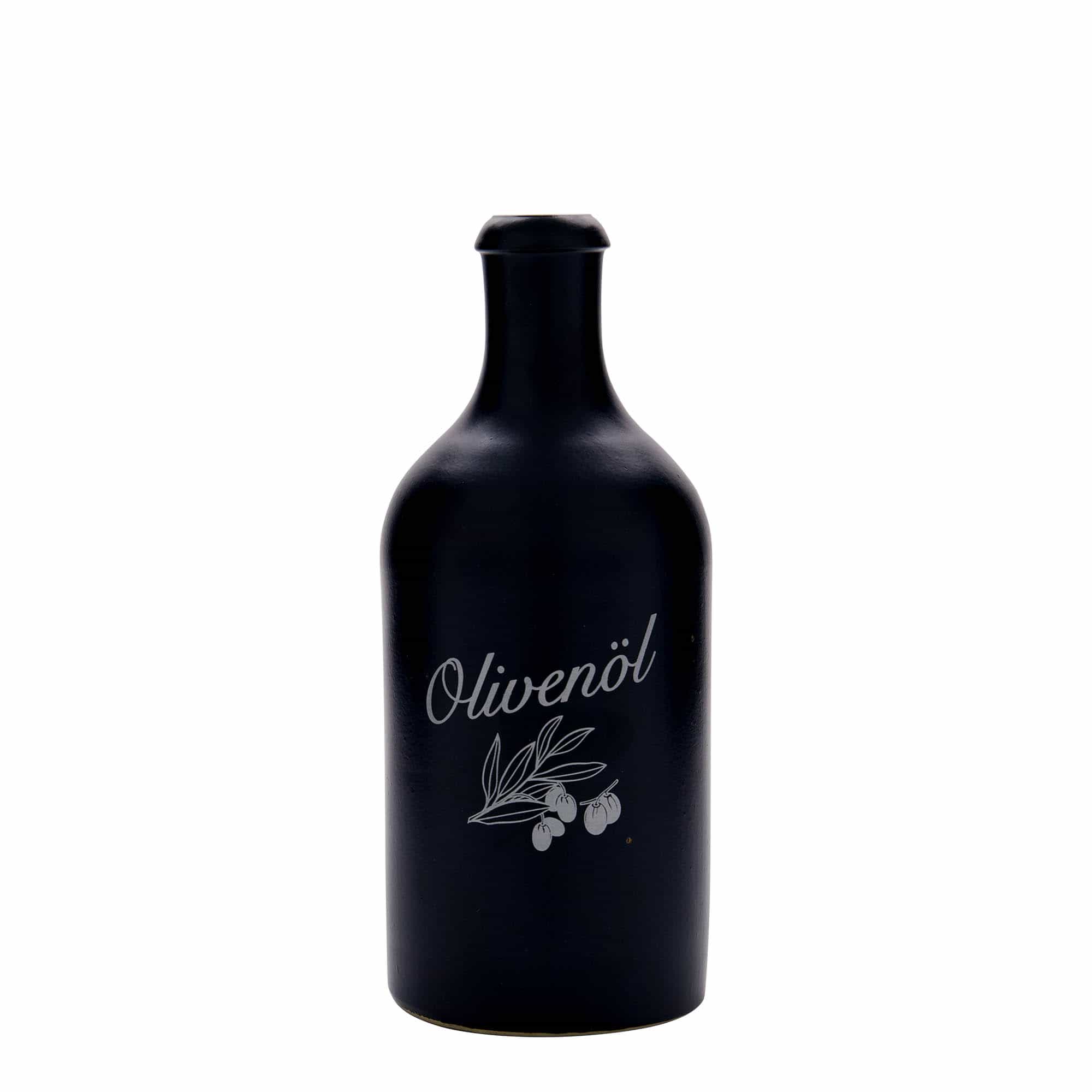 500 ml Bottiglia in ceramica, motivo: Olivenöl, ceramica grès, nero, imboccatura: fascetta