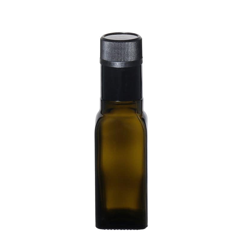 100 ml Bottiglia olio/aceto 'Quadra', vetro, quadrata, verde antico, imboccatura: DOP