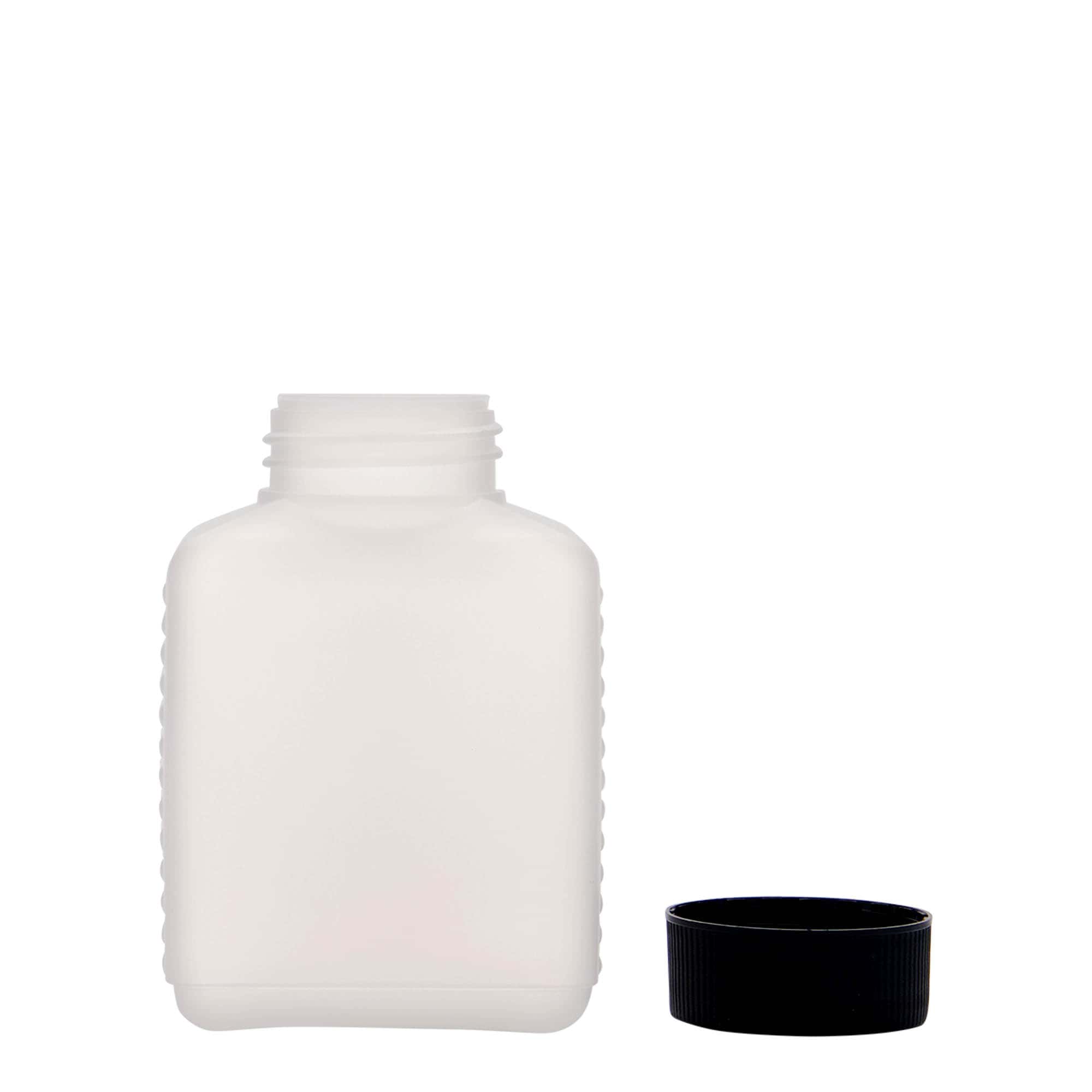 250 ml Bottiglia a bocca larga, rettangolare, plastica HDPE, naturale, imboccatura: DIN 40 EPE